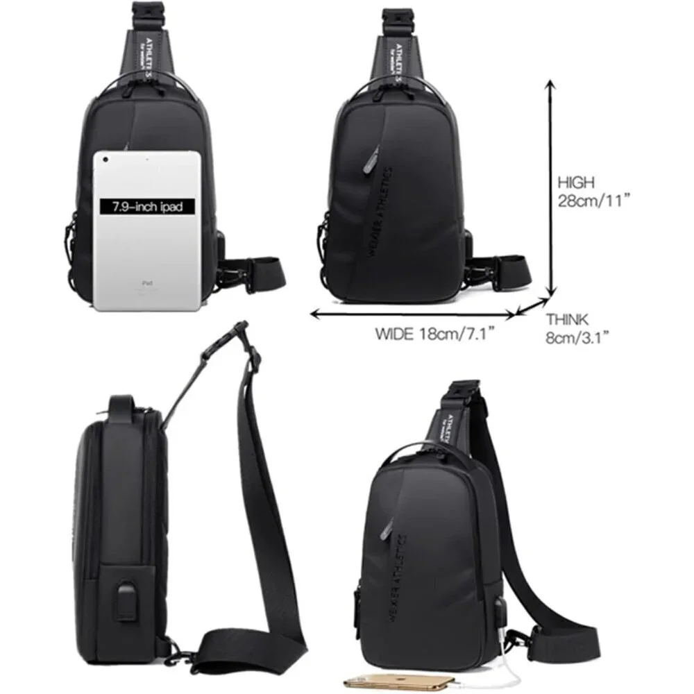 💫 Men Black Crossbody Bag Sling Waterproof USB Charging Port Headphone Backpack